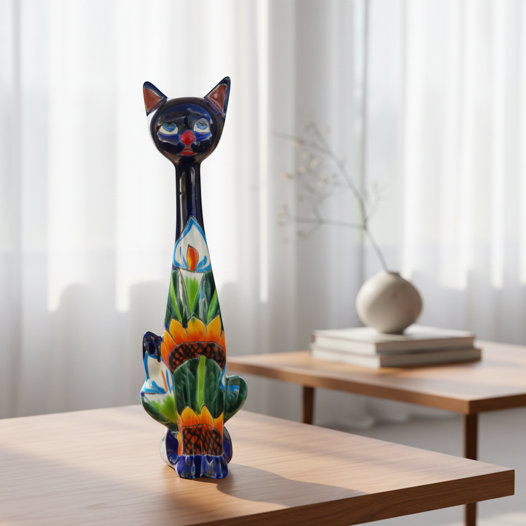 Estatua Alta de Gato de Talavera | Decoración Mexicana Hecha a Mano de Girasol
