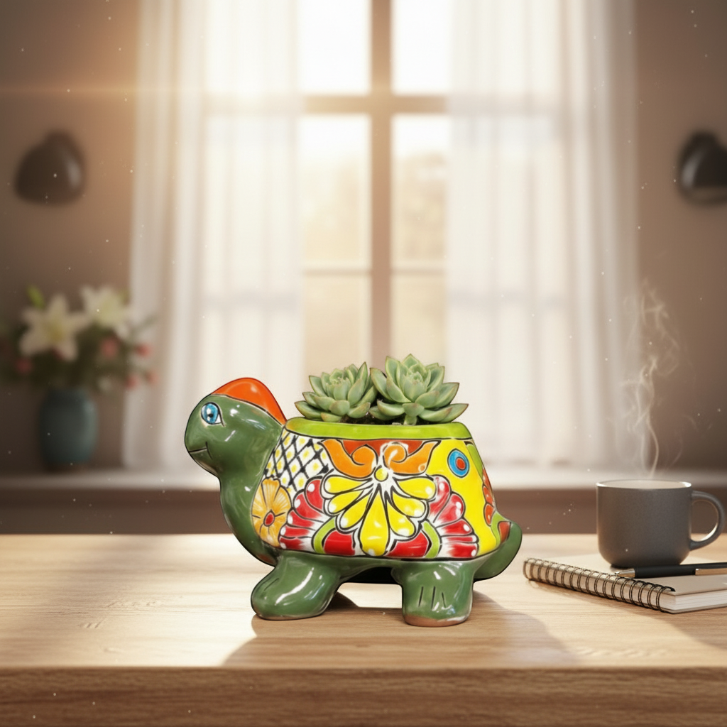 Macetero pequeño de tortuga Talavera | Cerámica mexicana pintada a mano