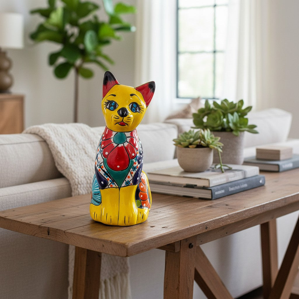 Estatua de gato de Talavera pintada a mano con colores vivos | Decoración de arte popular mexicano