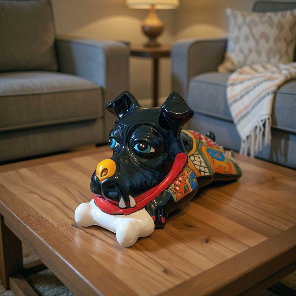 Decoración de perro grande de cerámica Talavera pintada a mano con hueso