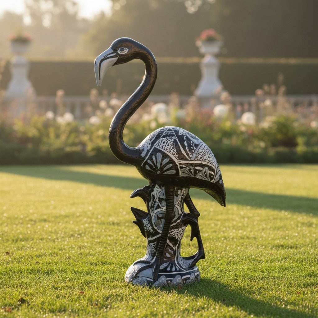 Estatua de Flamenco de Talavera Azul y Blanca | Cerámica de Aves Pintada a Mano