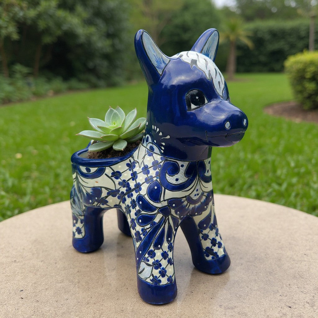 Maceta de Burro Talavera Azul y Blanca | Arte Mexicano Hecho a Mano