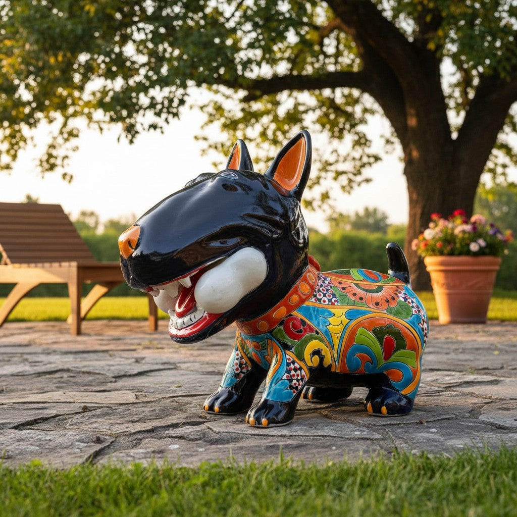 Decoración Talavera Bull Terrier | Perro de cerámica pintado a mano con hueso (Extragrande)