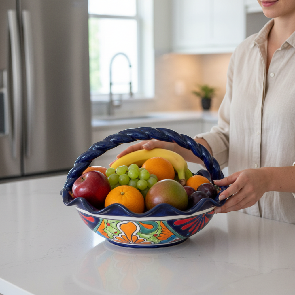 Canasta de Frutas de Talavera | Centro de Mesa Colorido Pintado a Mano