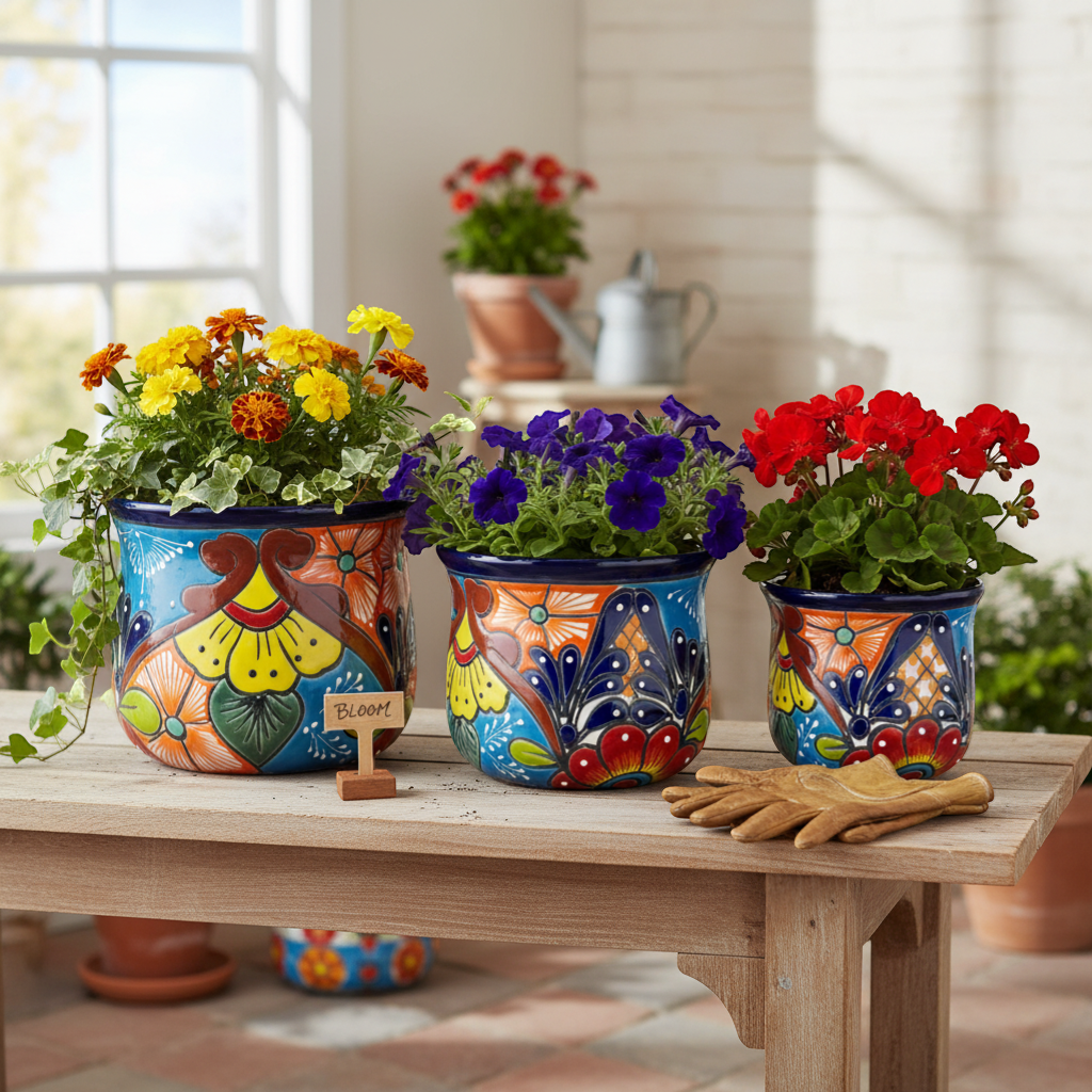 Juego de 3 macetas de Talavera | Jardineras mexicanas coloridas pintadas a mano