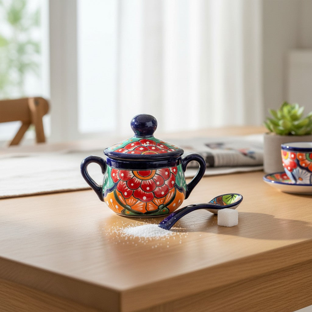 Azucarero de Talavera colorido con cuchara | Arte de cerámica mexicana