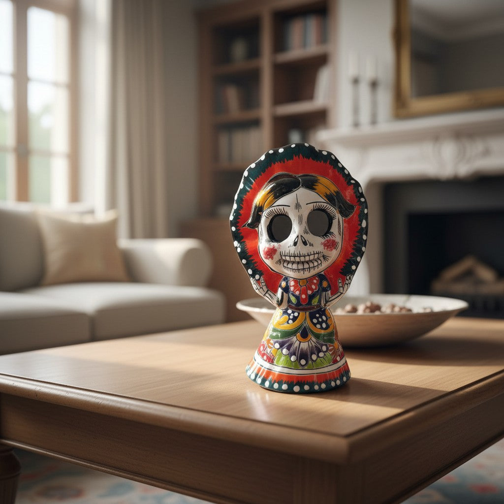 Calavera de Talavera Mujer | Estatuilla del Día de Muertos con Vestido Tradicional