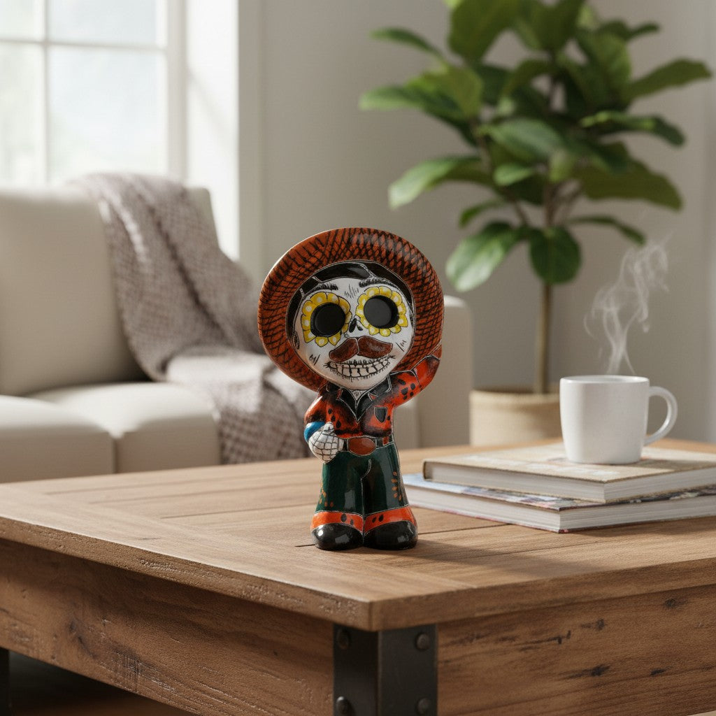 Estatua de esqueleto de Talavera | Figurilla del Día de Muertos con sombrero