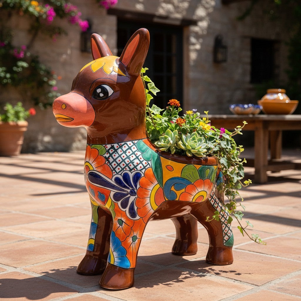 Macetero grande de burro de Talavera | Burro de cerámica pintado a mano