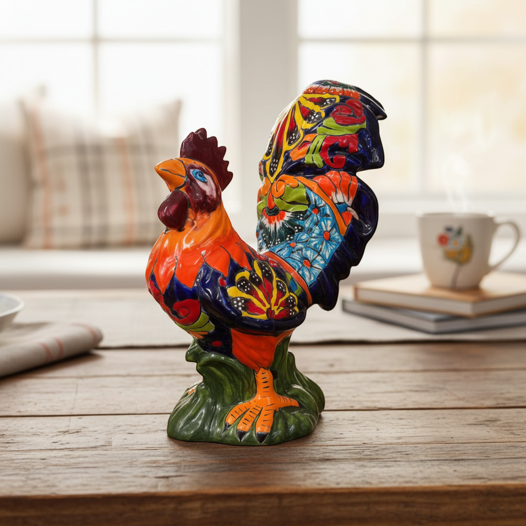 Estatua de Gallo de Talavera | Gran Decoración de Cerámica Pintada a Mano