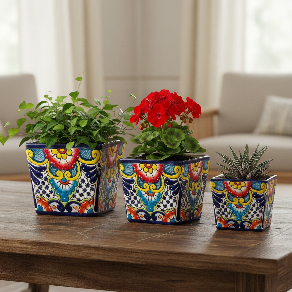 Juego de 3 macetas cuadradas Talavera pintadas a mano | Macetas florales coloridas