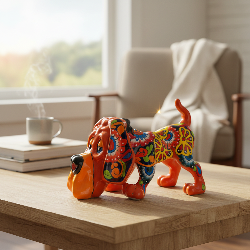 Estatua de perro de Talavera | Sabueso de cerámica mexicana colorido pintado a mano