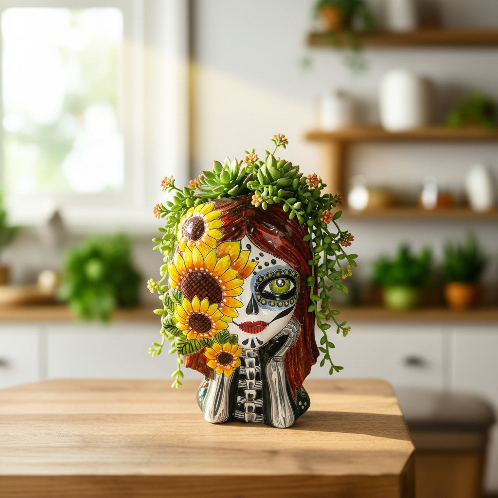 Maceta de calavera de girasol Talavera | Maceta artesanal del Día de Muertos